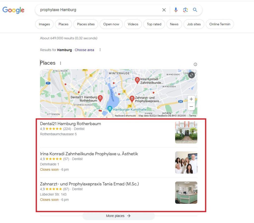 Zahnärzte google local Map pack